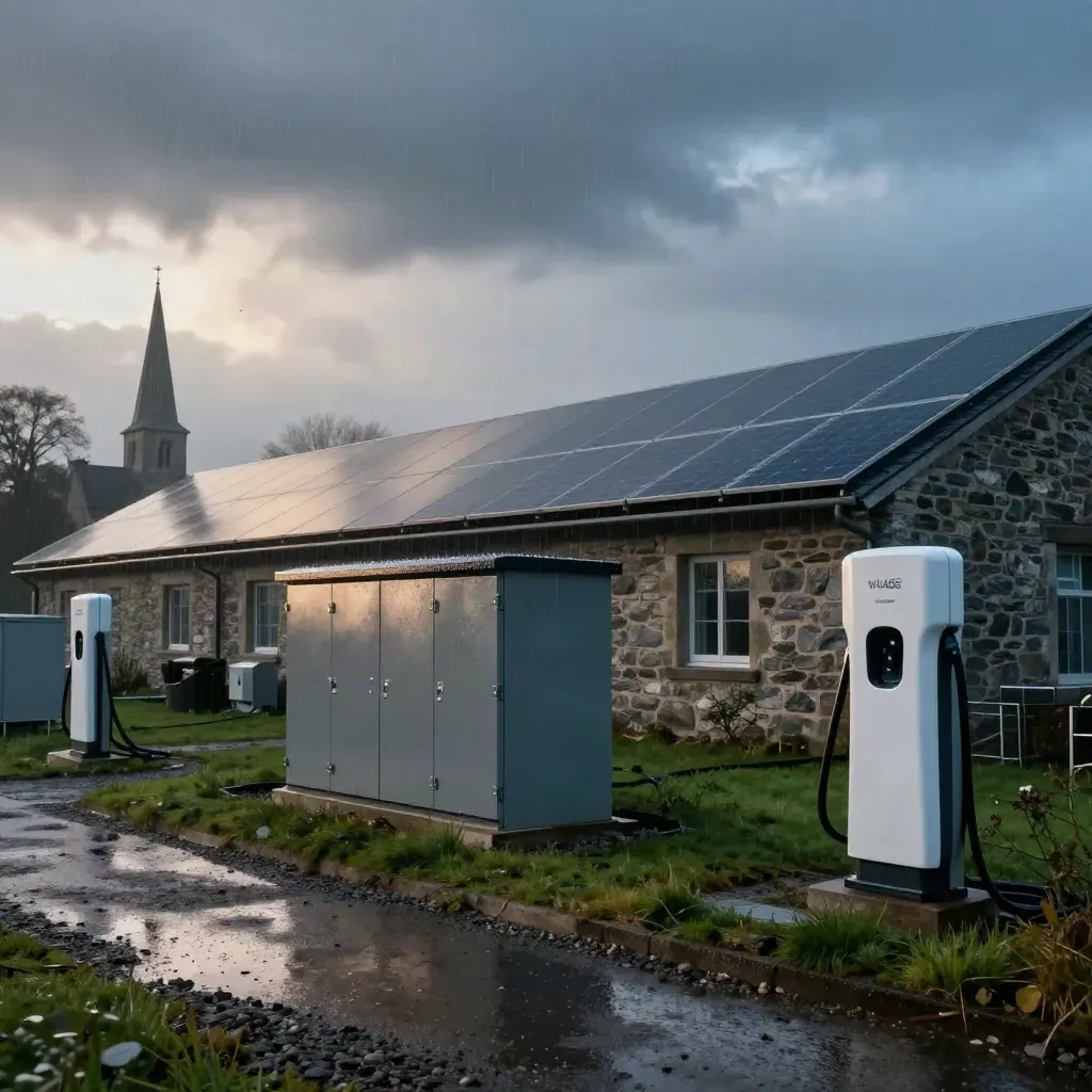 Rainy village energy site with solar roof, battery cabinet, EV charger and church spire