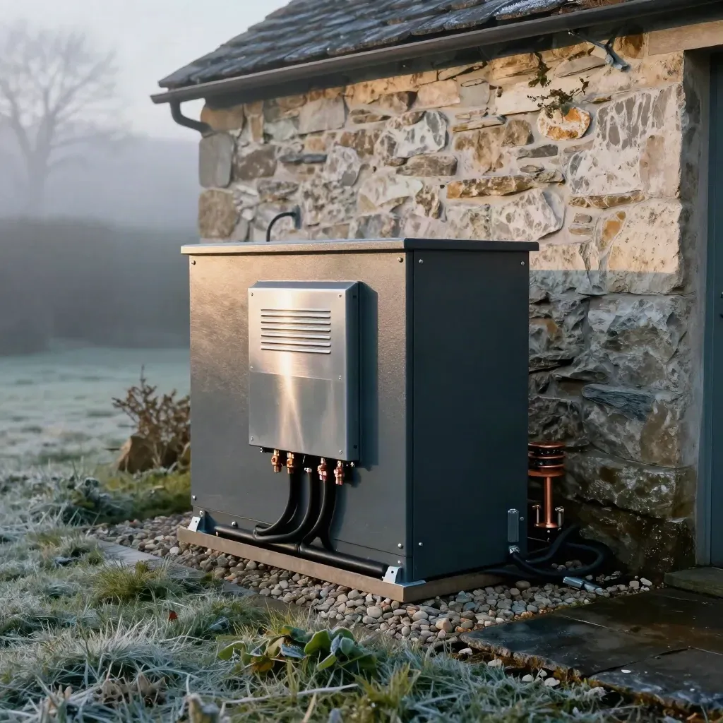 Rural battery rack and inverter beside a stone outbuilding in cool morning mist.