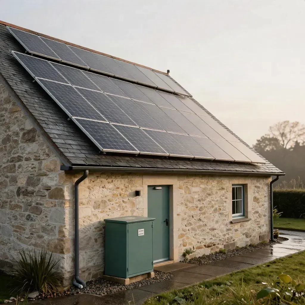 Renovated village hall roof with solar panels and battery cupboard after rain