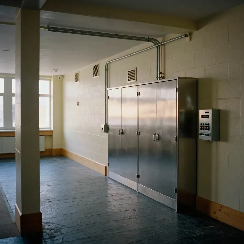 Battery backup cabinet and changeover unit in a quiet school community room at dusk.