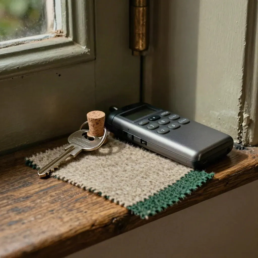 Community hall key ring, voice recorder, cork pin and wool swatch on an oak ledge