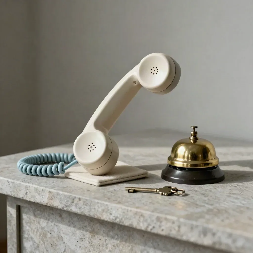 Landline handset, brass bell, key fob and wool coaster on a stone shelf.