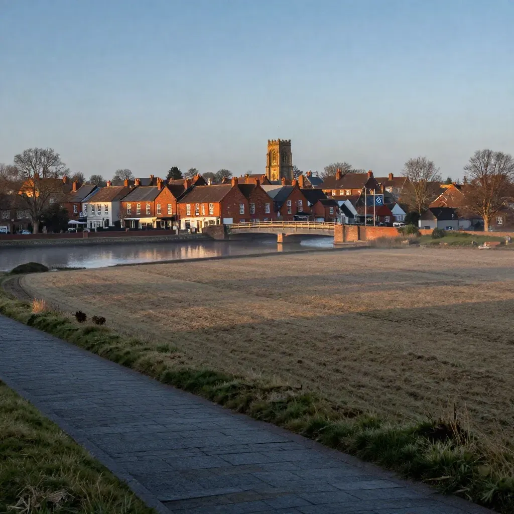 Blue-hour market-town edge with canal bridge, church tower, fields and mist